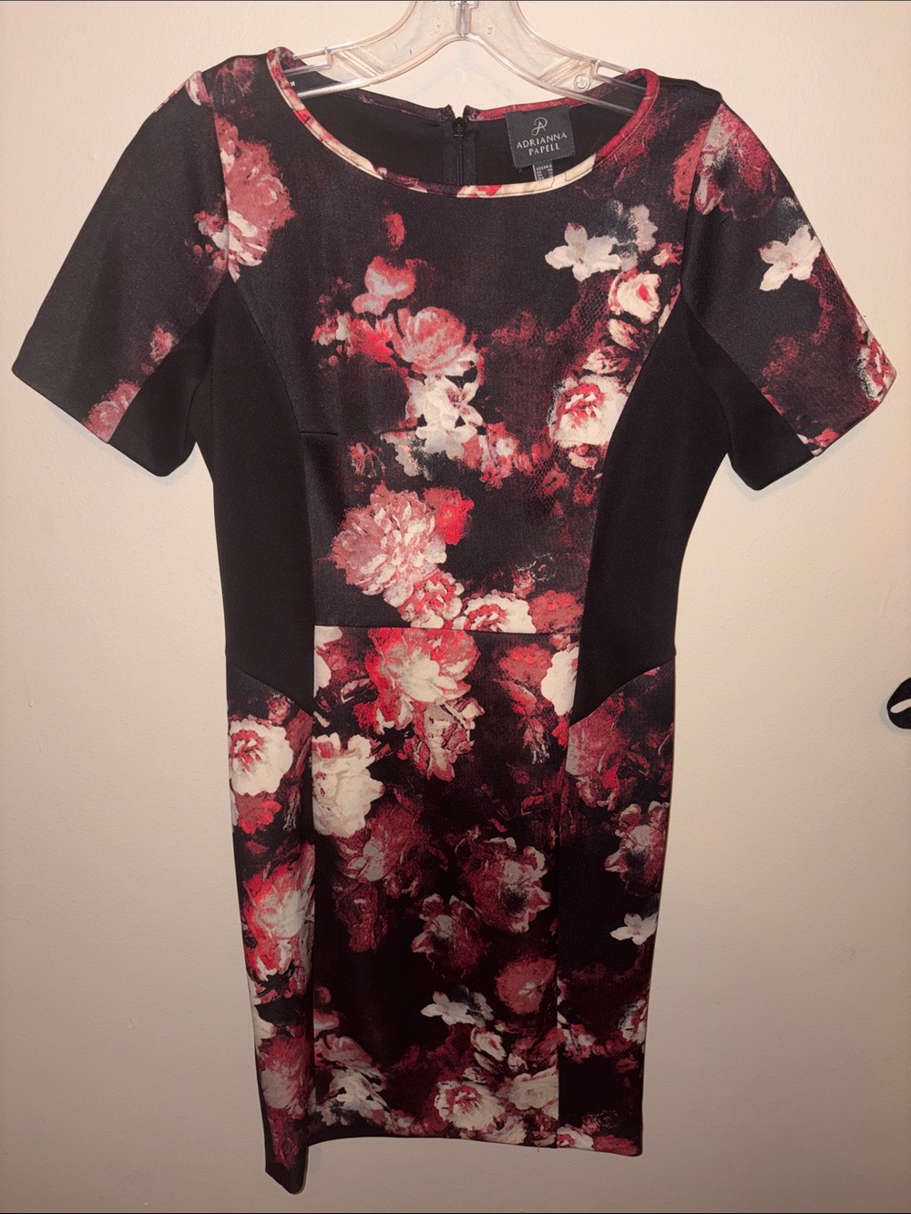 Adrianna Papell Black Floral Sheath Dress with Red Accents